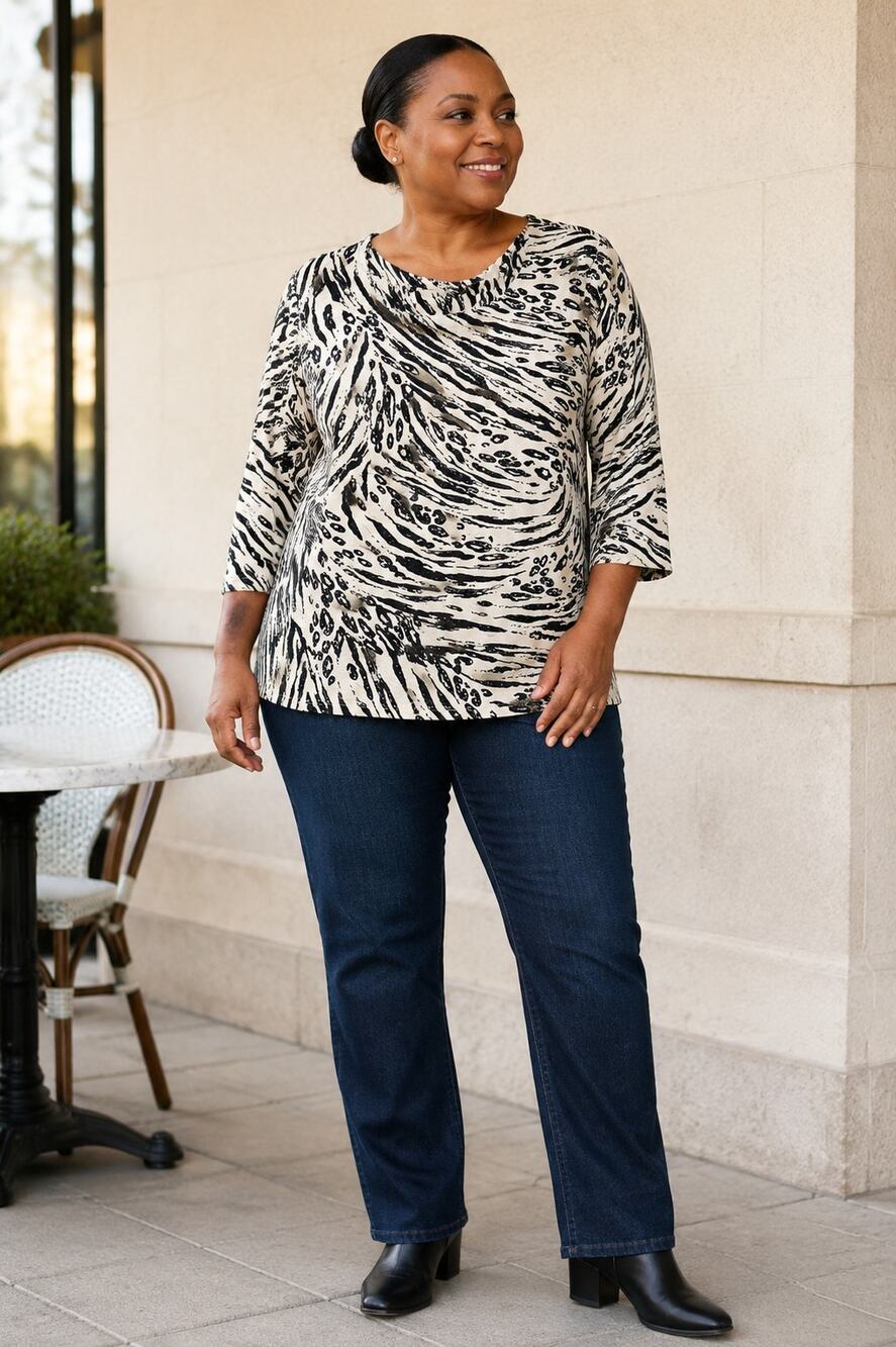 JM Collection Woman 1X Ivory Black Animal Print 3/4 Sleeve Stretch Top
